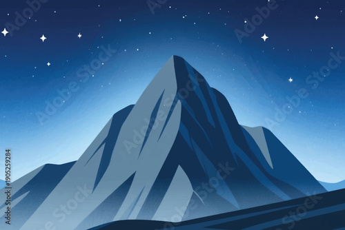 Jagged mountain peak under starry night sky, shades of blue gray, serene and majestic atmosphere symbolizing adventure and solitude.