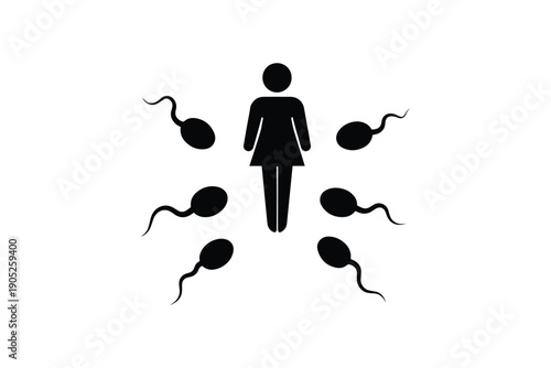 A female icon is surrounded by six sperm cells against a clean white background in simple illustration