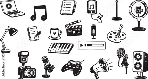 Hand Drawn Creative Workspace Icons Set, Music Video Podcast Tools Doodle Illustration, Black and White