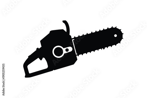 A single isolated black chainsaw is depicted against a clean white background in simple illustration