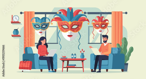 People working on laptops with Venetian masks on the wall