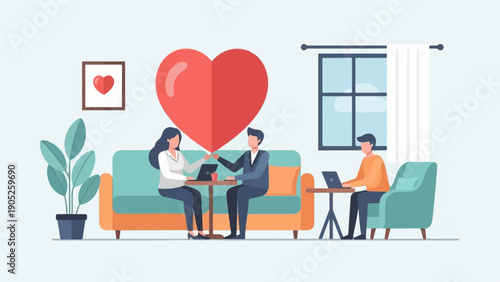 People working remotely at home, with a large heart
