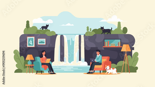 People working remotely beside a scenic waterfall with pets