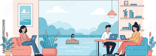People working remotely by water with decorative plants and shelves