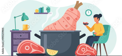 Person cooking giant carrot and raw meat in kitchen