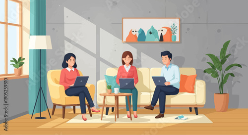 People working remotely on laptops in a modern living room setting