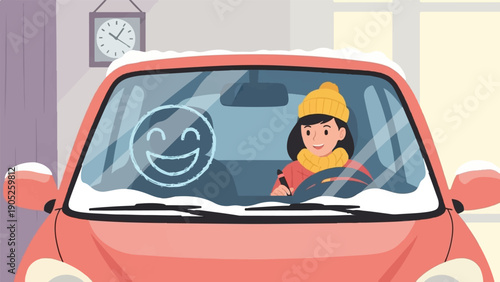 Person drawing smiley on frosty car window in winter