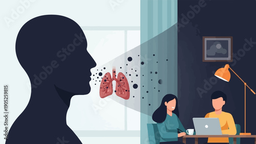 Person coughing particles onto lungs; people work at desk