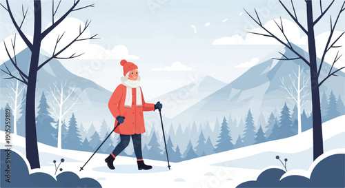 Person cross country skiing in a winter mountain landscape with trees