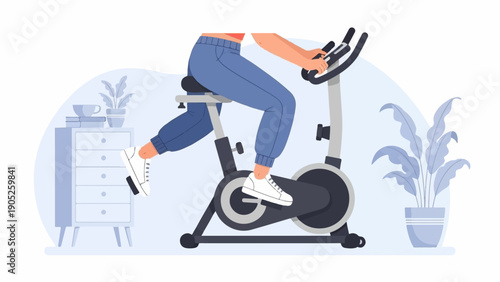 Person exercising on a stationary bike indoors near plants and furniture