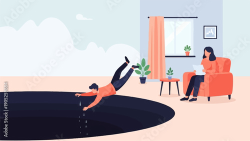 Person falling into a black hole near a woman in an armchair