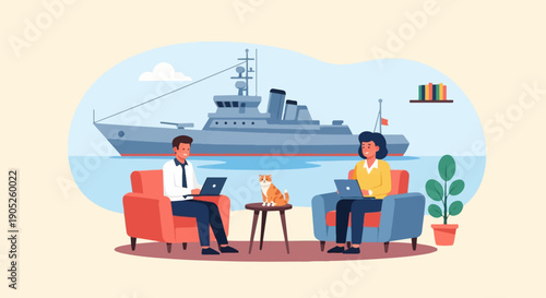 People working remotely with a ship and cat in a surreal, comfortable setting
