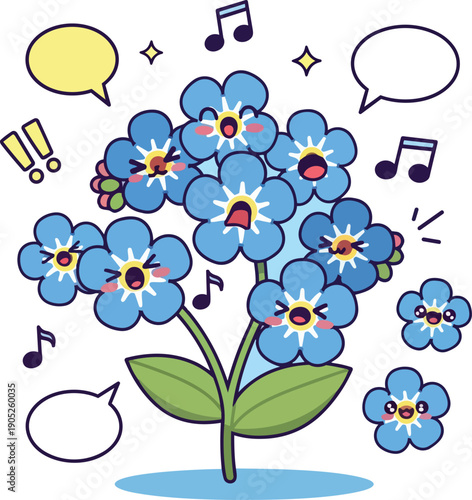 Cute Kawaii Forget-Me-Not Flowers Singing Happy Vector Illustration Sticker