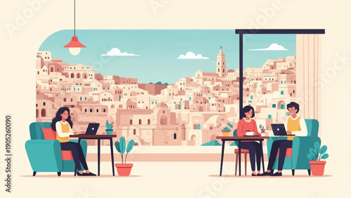 People working remotely with a picturesque ancient town view