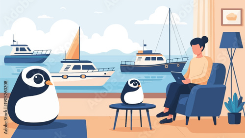 Person relaxing indoors with tablet, viewing boats and penguins