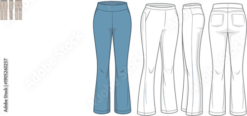 Cargo pants CAD drawing, flat vector fashion illustration with flared hem, fitted waist, white blue gray colorway, multi-view layout