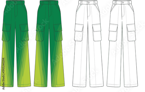 Cargo pants CAD drawing, flat vector fashion illustration with gradient green fill, flap pockets, front back outline views