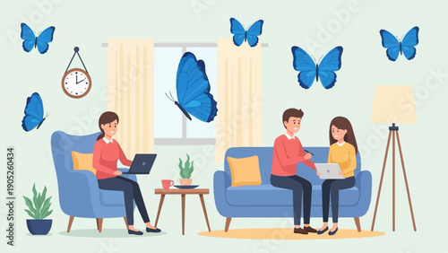 People working remotely with butterflies flying around in a bright, airy room