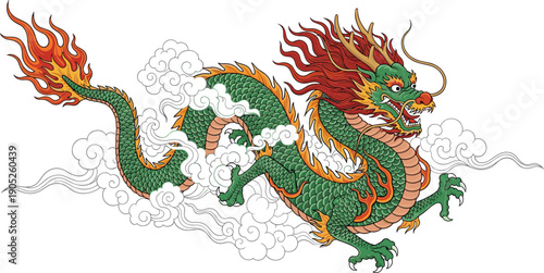 Chinese dragon illustration, colorful serpentine figure with green scales orange accents red mane whiskers sharp teeth flying among clouds, vector artwork, mythology and cultural theme