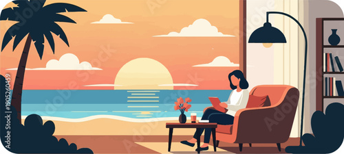 Person relaxing indoors with view of ocean sunset and palm tree