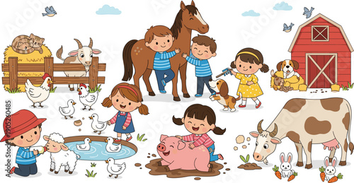 Farm life cartoon illustration, red barn haystack children interacting with goats chickens ducks horse cow pigs rabbits sheep, colorful vector artwork, educational and playful theme