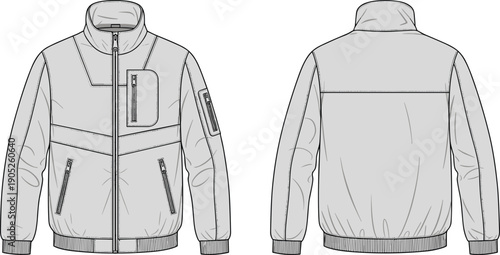 Jacket technical drawing illustration, front and back views with high collar zipper closure ribbed cuffs hem and zippered pockets, black vector design, fashion garment theme, isolated background