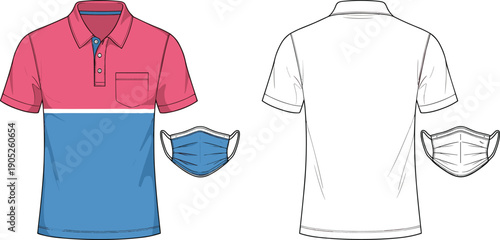 Polo shirt technical drawing illustration, front and back views with color block design collar buttons chest pocket plus matching face mask, vector artwork, fashion garment theme