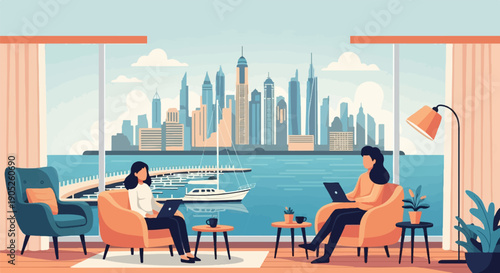 People working remotely with city and water view