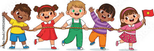 Children tug-of-war game illustration, five diverse figures smiling and pulling rope with flag, colorful vector artwork, teamwork and play theme, outdoor activity, isolated background