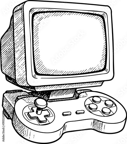 Retro Gaming Device Sketch: Old Monitor and Gamepad Drawing