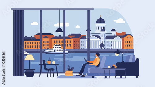 Person relaxing on sofa with laptop, overlooking a cityscape with water and buildings