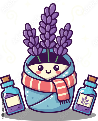 Kawaii Lavender Plant Icon Illustration with Essential Oil Bottles Cute