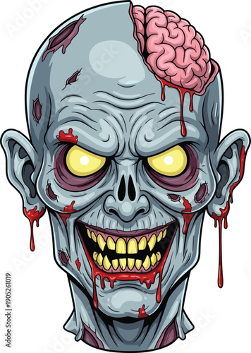 Creepy zombie head with exposed brain – detailed horror illustration for Halloween, scary designs, posters, tattoos, games, and digital artwork with dripping blood effects