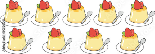Custard Pudding Dessert Collection with Strawberry Topping Flat Vector Illustration Set