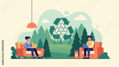 People working remotely with dog amidst nature and recycling symbol