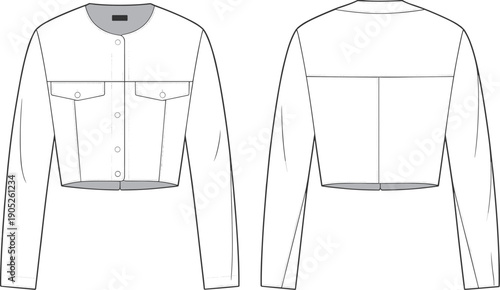 Cropped jacket fashion sketch with chest pockets, button front closure, long sleeves, technical drawing front and back, CAD garment template