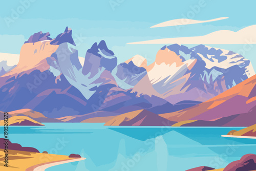 Jagged snow capped mountains with vibrant sunset colors reflected in serene lake, surrounded by dramatic alpine scenery.