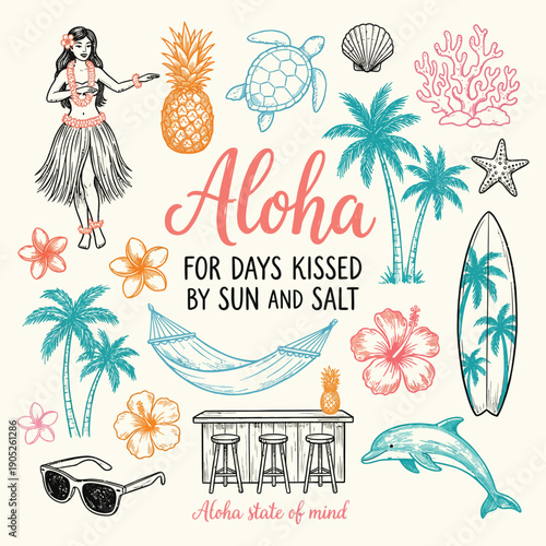 Aloha State of Mind Whimsical Illustration Collection with Hawaiian Aesthetic, Playful Tropical Art Set Inspired by Island Culture, Perfect for T-Shirts, Posters, Stickers, Branding, and Lifestyle