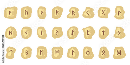 Set of hand drawn viking runes Rune stones with ancient norse alphabet characters engraved on them Scandinavian futhark germanic celtic Single element for design, print, web, decor