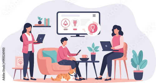 People working remotely with laptops and a tablet, in a cozy home office environment