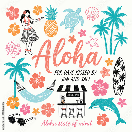 Aloha State of Mind Whimsical Illustration Collection with Hawaiian Aesthetic, Playful Tropical Art Set Inspired by Island Culture, Perfect for T-Shirts, Posters, Stickers, Branding, and Lifestyle