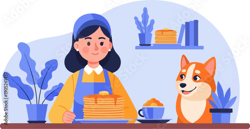 Person serves pancakes to a dog with houseplants and books in background