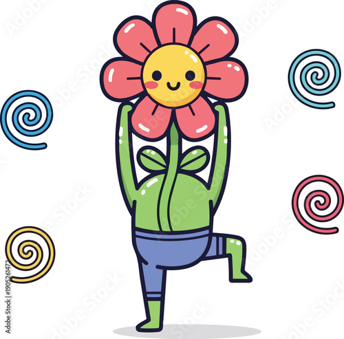 Cheerful Flower Character Doing Yoga Tree Pose Cute Cartoon Vector Illustration