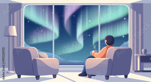 Person in armchair watching aurora borealis through window with coffee