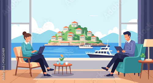 People working remotely with laptops and tablets in a bright room with a view of the sea and a hill