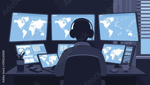 Person in dark room monitors multiple screens showing world maps