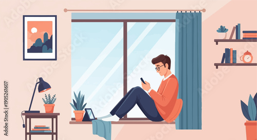 Person sitting by a large window, using a phone