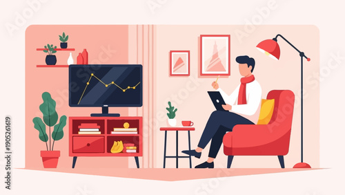 Person sitting on couch with tablet watching stock chart on TV screen