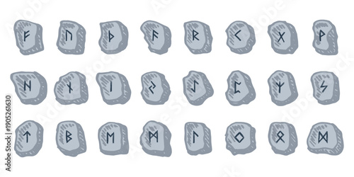 Set of hand drawn viking runes Rune stones with ancient norse alphabet characters engraved on them Scandinavian futhark germanic celtic Single element for design, print, web, decor