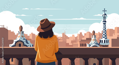 Person in hat overlooks a city skyline with distinctive architecture